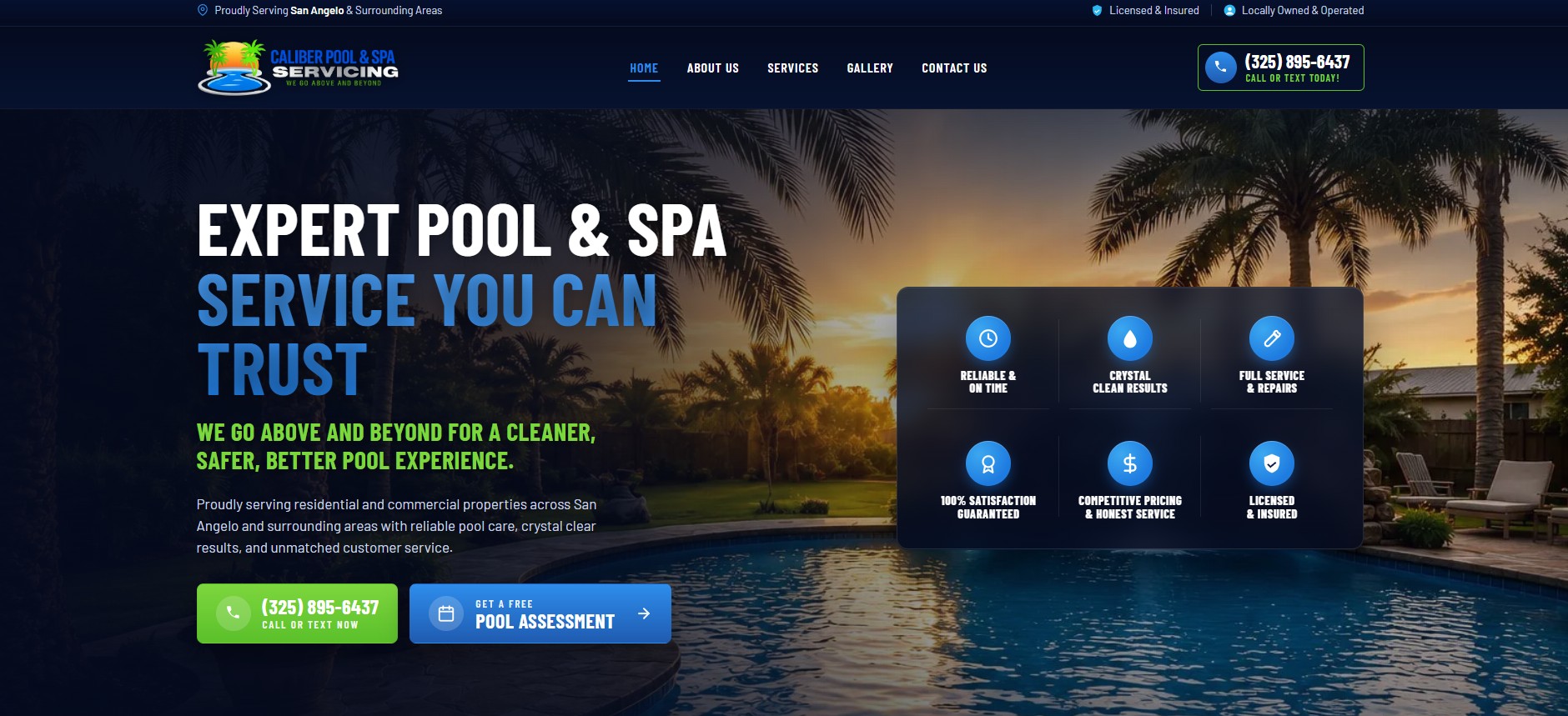 Caliber Pool & Spa Servicing website for a San Angelo pool and spa service company